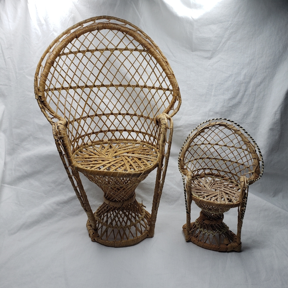 Two Vintage Wicker Rattan Peacock Chairs Tabletop Size 16" and 9"
